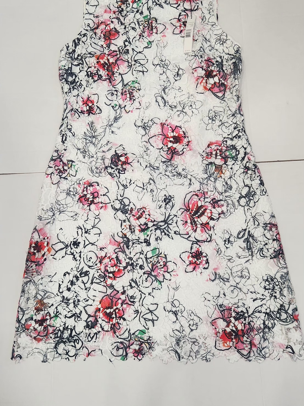 T Tahari White Lace Midi Dress with Pink Floral Sketch Print